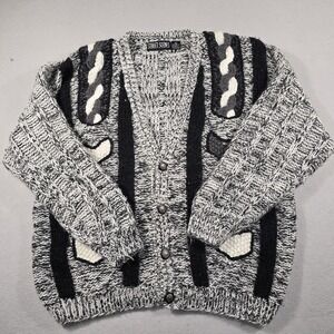 Street Scenes Mens XL Grey Black Cardigan Sweater Vintage Chunky Knit Geometric